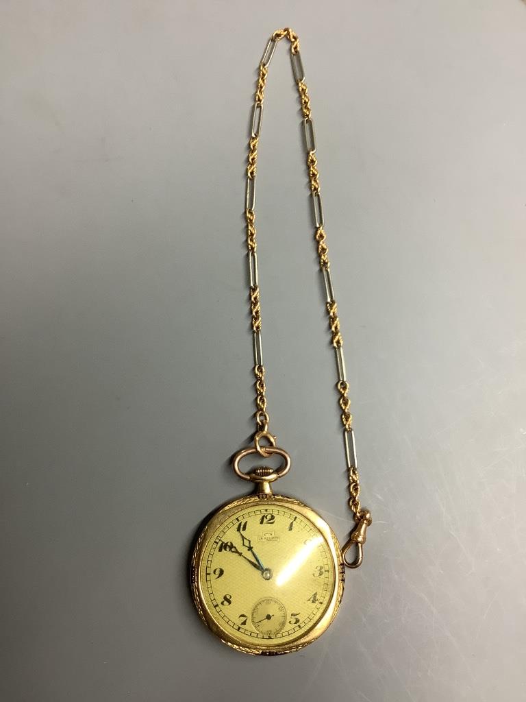 A 9ct gold open face keyless dress pocket watch, on an 18c two colour albert